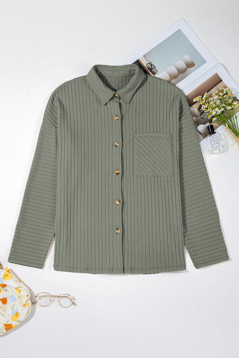 Cozy Ribbed Knit Long Sleeve Drop Shoulder Button Down Shacket
