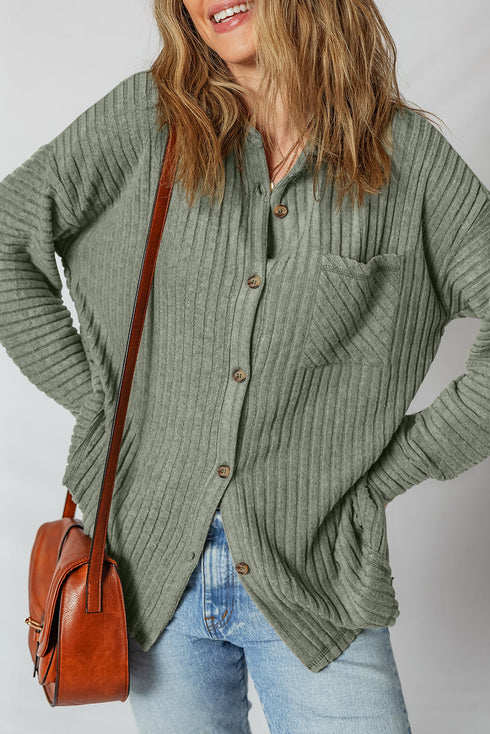 Cozy Ribbed Knit Long Sleeve Drop Shoulder Button Down Shacket