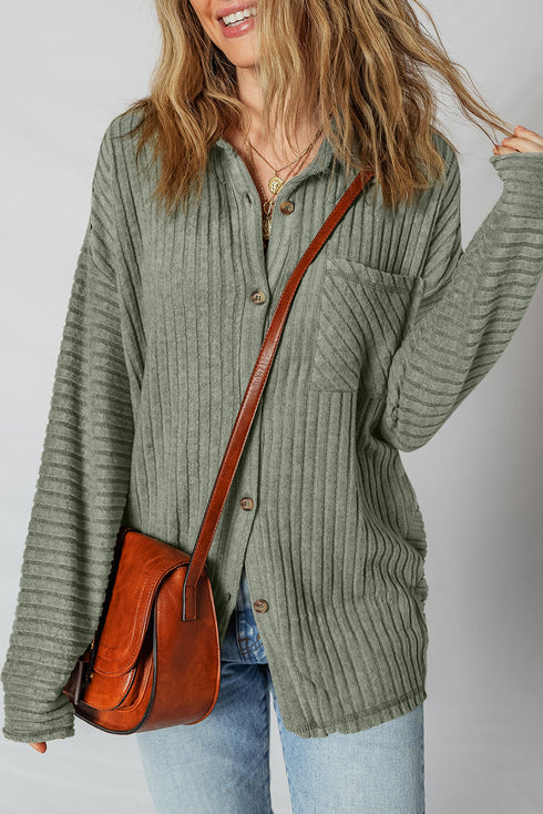 Cozy Ribbed Knit Long Sleeve Drop Shoulder Button Down Shacket