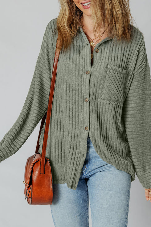 Cozy Ribbed Knit Long Sleeve Drop Shoulder Button Down Shacket