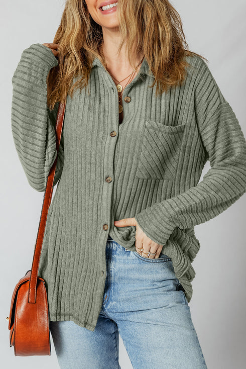 Cozy Ribbed Knit Long Sleeve Drop Shoulder Button Down Shacket