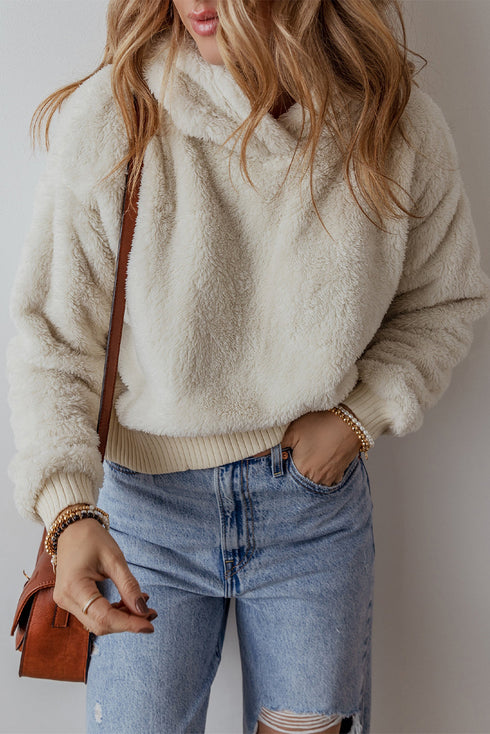 Cozy Ribbed Trim High Pile Sherpa Hoodie Pullover