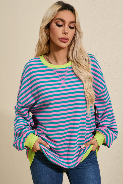 Cozy Stripe Oversized Contrast Trim Pullover Sweatshirt