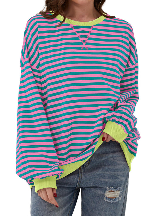 Cozy Stripe Oversized Contrast Trim Pullover Sweatshirt