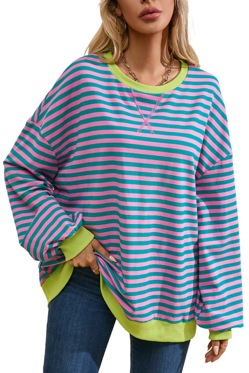 Cozy Stripe Oversized Contrast Trim Pullover Sweatshirt