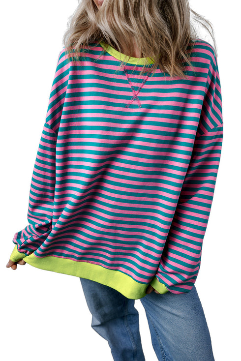 Cozy Stripe Oversized Contrast Trim Pullover Sweatshirt