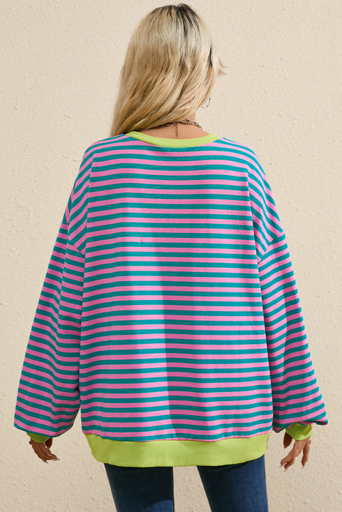 Cozy Stripe Oversized Contrast Trim Pullover Sweatshirt