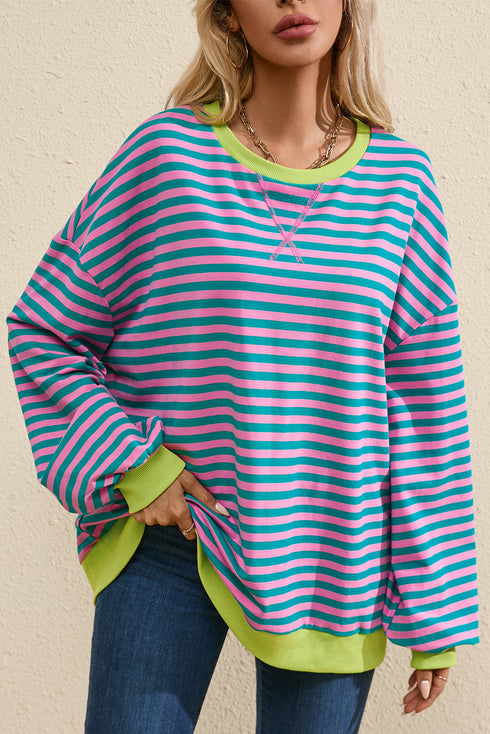 Cozy Stripe Oversized Contrast Trim Pullover Sweatshirt