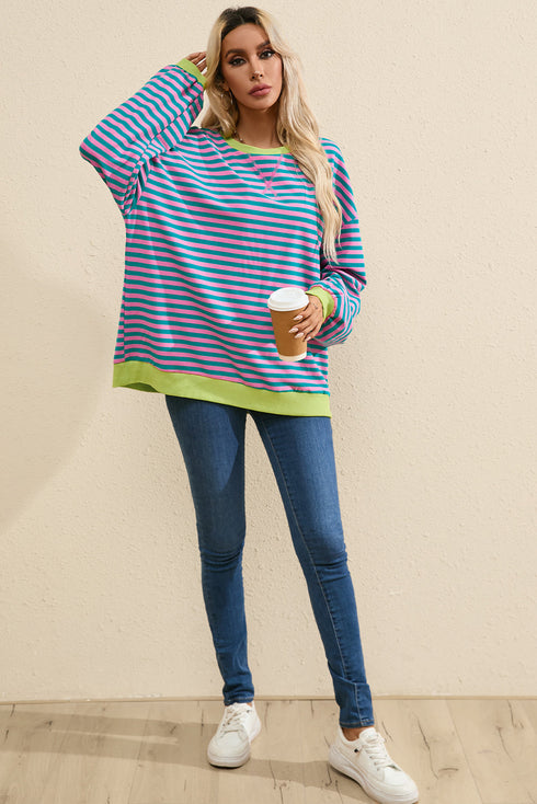 Cozy Stripe Oversized Contrast Trim Pullover Sweatshirt