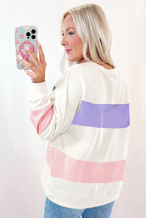 Cozy Striped Color Block Drop Shoulder Pullover Sweatshirt