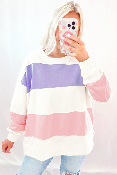 Cozy Striped Color Block Drop Shoulder Pullover Sweatshirt
