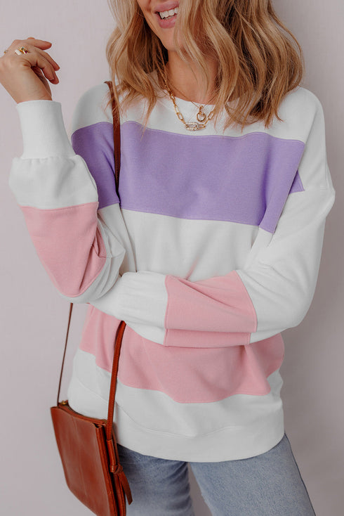 Cozy Striped Color Block Drop Shoulder Pullover Sweatshirt