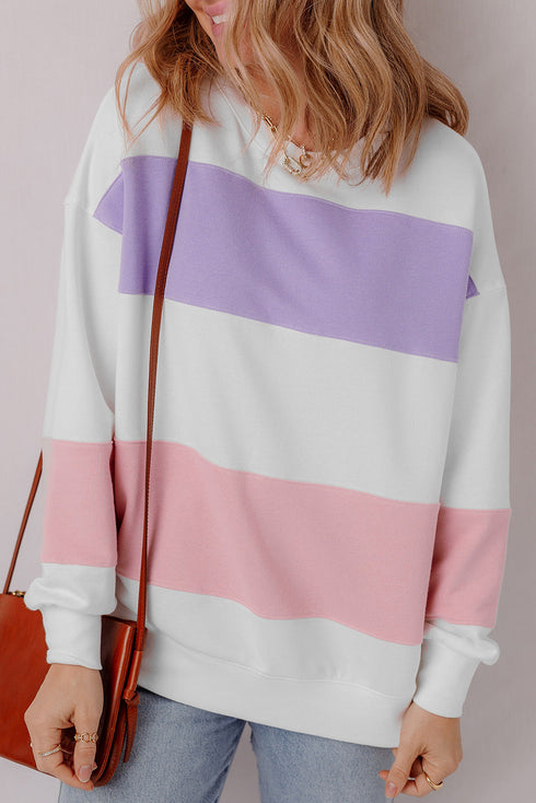 Cozy Striped Color Block Drop Shoulder Pullover Sweatshirt