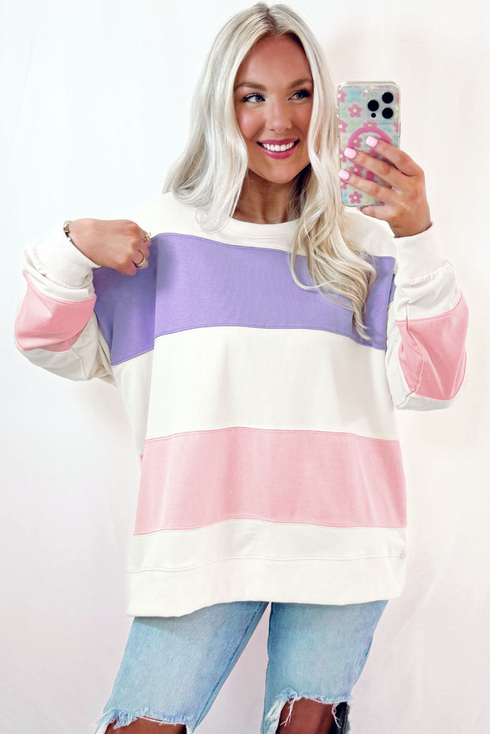 Cozy Striped Color Block Drop Shoulder Pullover Sweatshirt