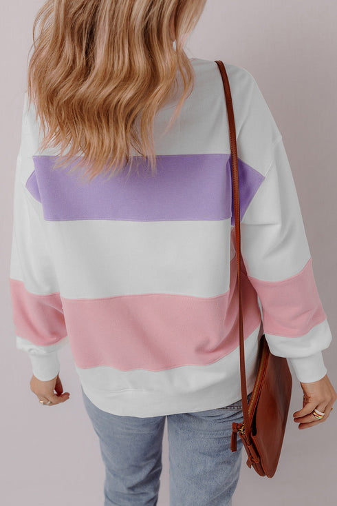 Cozy Striped Color Block Drop Shoulder Pullover Sweatshirt