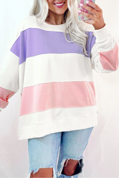 Cozy Striped Color Block Drop Shoulder Pullover Sweatshirt
