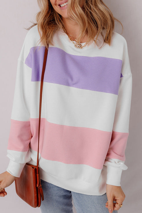 Cozy Striped Color Block Drop Shoulder Pullover Sweatshirt