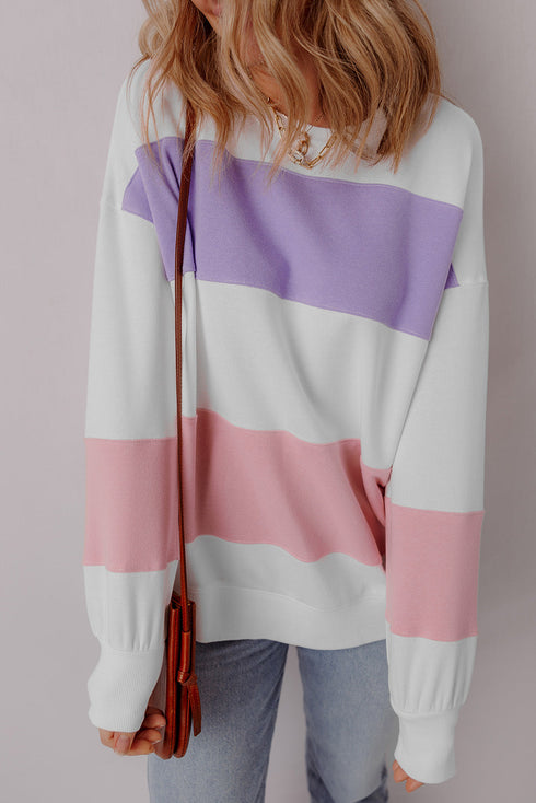 Cozy Striped Color Block Drop Shoulder Pullover Sweatshirt