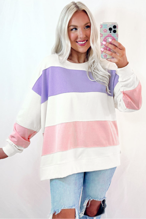 Cozy Striped Color Block Drop Shoulder Pullover Sweatshirt