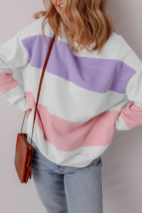 Cozy Striped Color Block Drop Shoulder Pullover Sweatshirt
