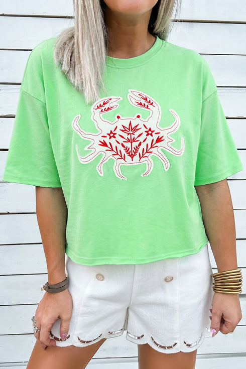 Crab Embroidered Patch Loose Fit Round Neck Tee