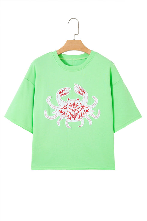Crab Embroidered Patch Loose Fit Round Neck Tee