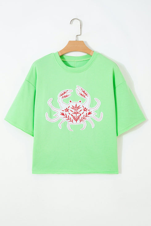 Crab Embroidered Patch Loose Fit Round Neck Tee
