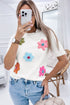 Cream Cute Flower Applique Short Sleeve Sweater
