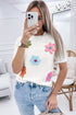 Cream Cute Flower Applique Short Sleeve Sweater