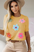 Cream Cute Flower Applique Short Sleeve Sweater