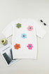Cream Cute Flower Applique Short Sleeve Sweater