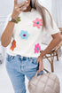 Cream Cute Flower Applique Short Sleeve Sweater