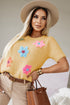 Cream Cute Flower Applique Short Sleeve Sweater