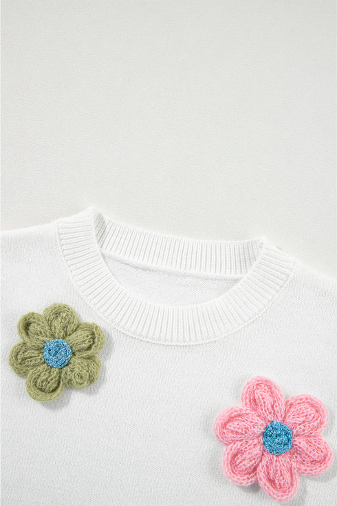 Cream Cute Flower Applique Short Sleeve Sweater