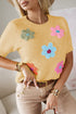 Cream Cute Flower Applique Short Sleeve Sweater