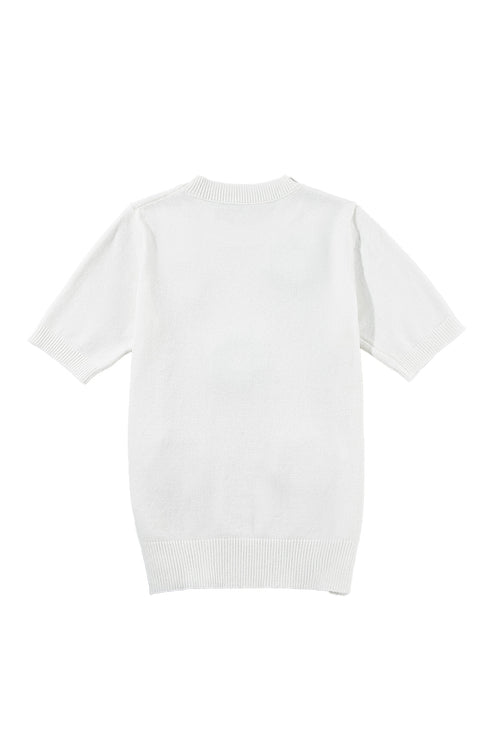 Cream Cute Flower Applique Short Sleeve Sweater