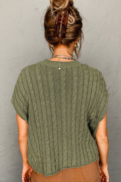 Crew Neck Cable Knit Short Sleeve Sweater