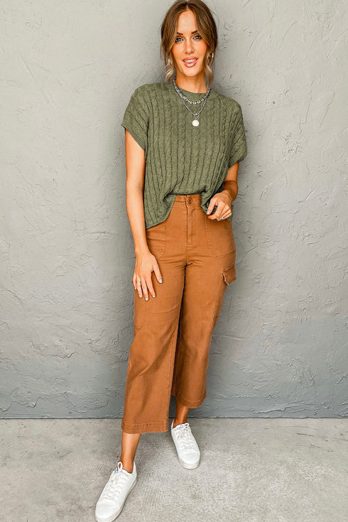 Crew Neck Cable Knit Short Sleeve Sweater