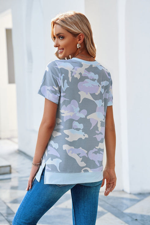 Crew Neck Camo Side Split T-Shirt