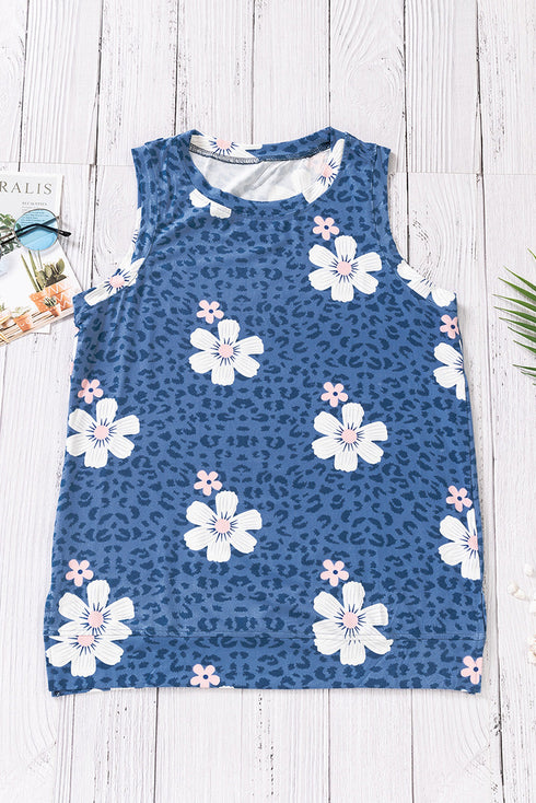Crew Neck Floral Leopard Print Tank Top