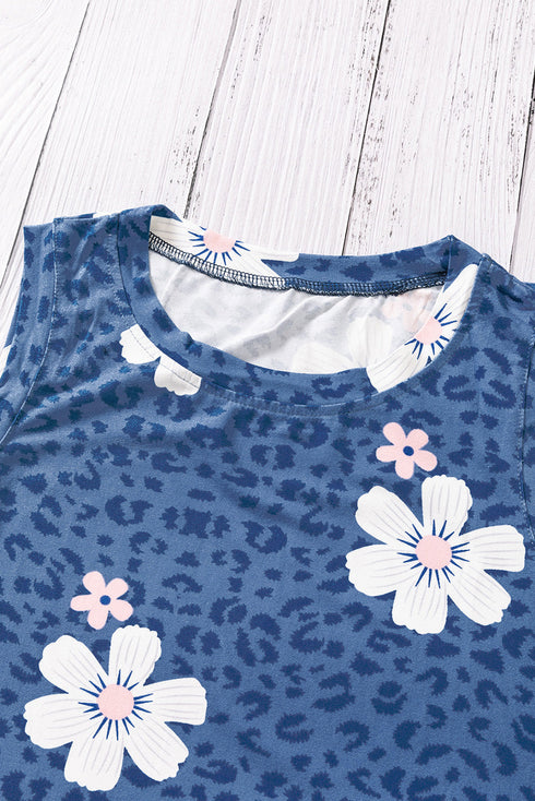 Crew Neck Floral Leopard Print Tank Top