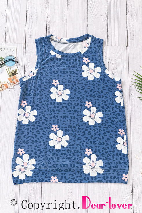 Crew Neck Floral Leopard Print Tank Top