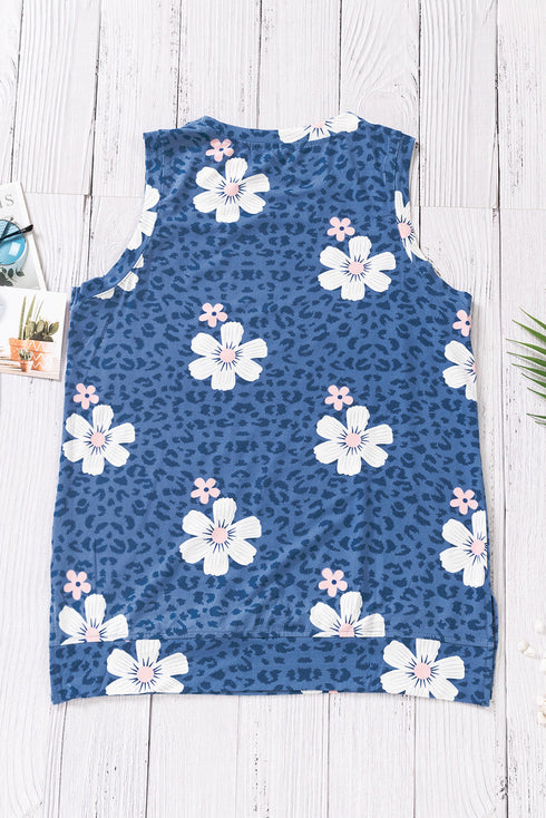 Crew Neck Floral Leopard Print Tank Top
