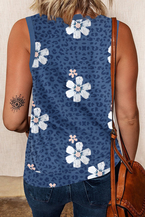Crew Neck Floral Leopard Print Tank Top