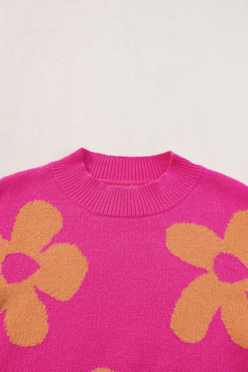 Crew Neck Large Floral Print Pullover Sweater