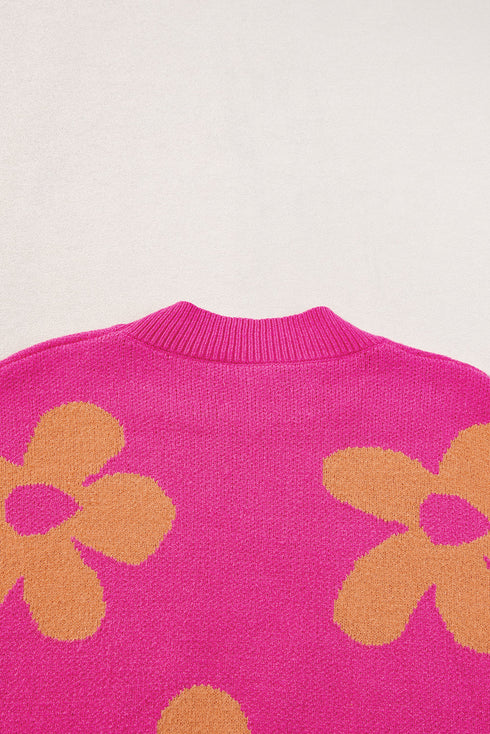Crew Neck Large Floral Print Pullover Sweater