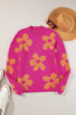 Crew Neck Large Floral Print Pullover Sweater