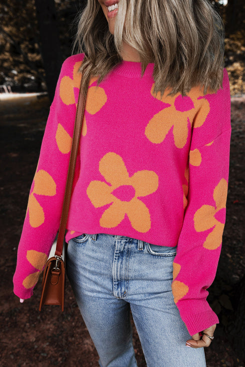 Crew Neck Large Floral Print Pullover Sweater