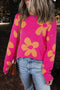 Crew Neck Large Floral Print Pullover Sweater