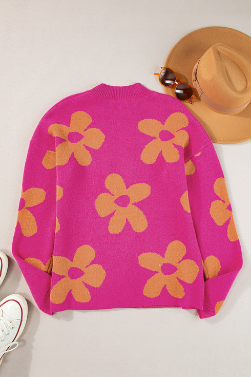 Crew Neck Large Floral Print Pullover Sweater